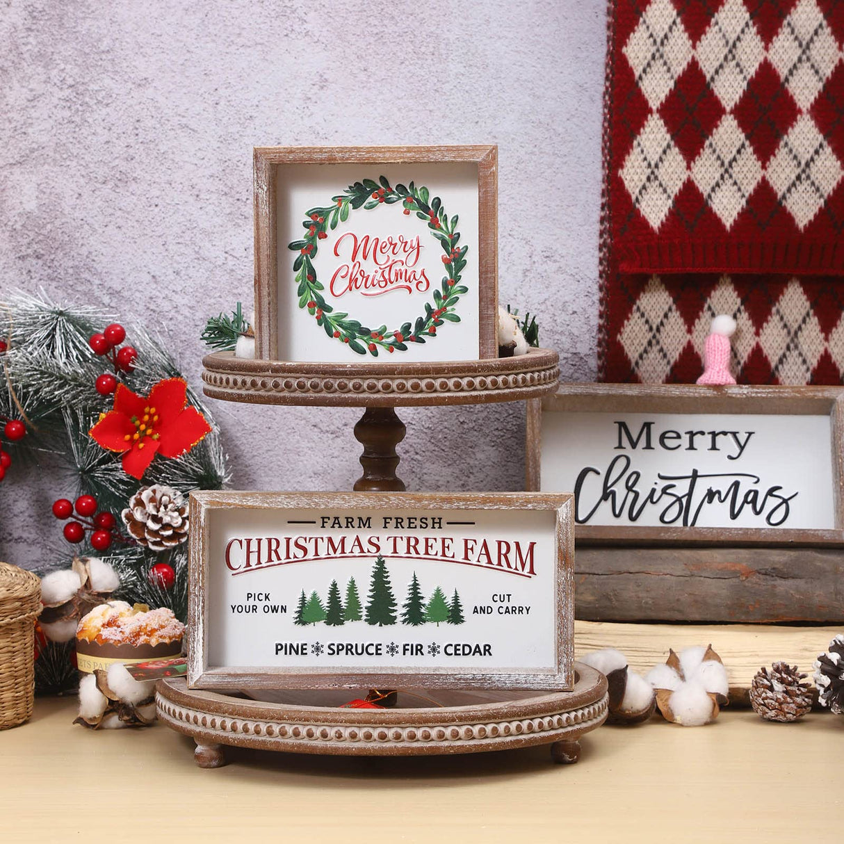 FESTWIND Christmas Tiered Tray Decor, Merry Christmas Block Sign Embossed Metal With Wood Frame - Shelf, Mantel, Home Decor - Rustic Farmhouse Christmas Decoration FESTWIND