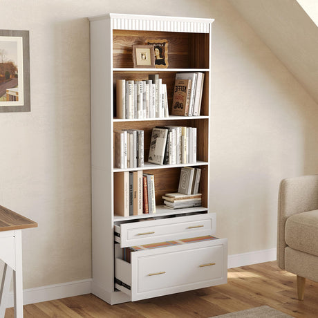 LITTLE TREE 72-Inch Tall White Bookcase, 5-Tier Wooden Open Display Bookshelf with 2 Drawers fits Letter, Legal, A4 Size, Modern Floor Standing Storage Organizer for Home Office & Living Room,Bedroom LITTLE TREE