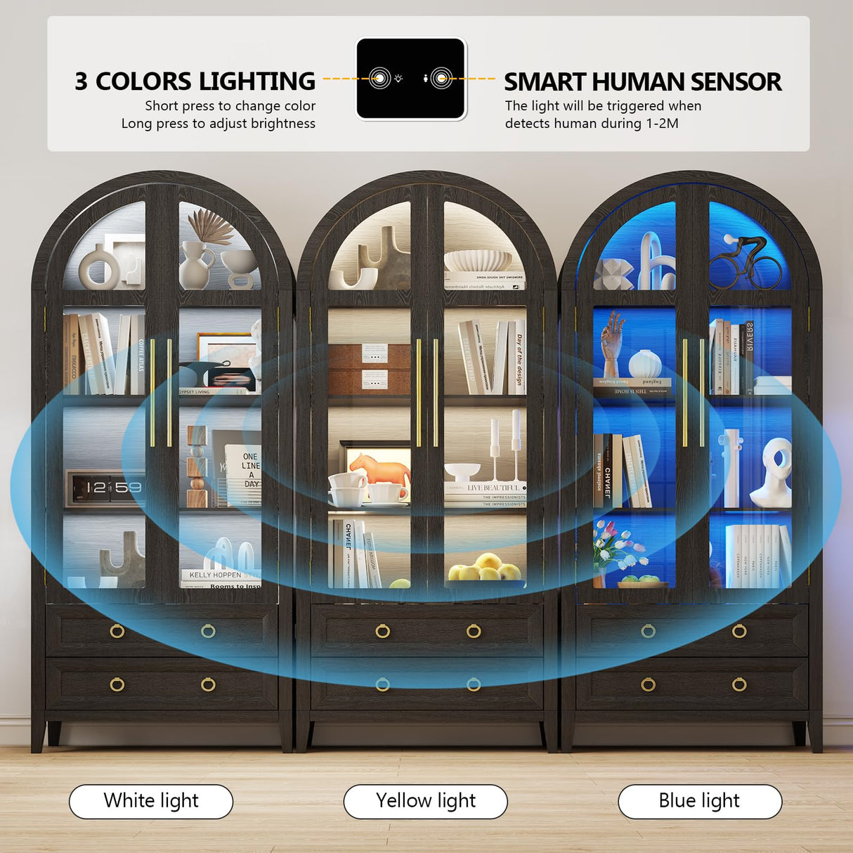 EOAWE Arched Curio Cabinet with Glass Doors, 4-Tier Display Cabinet with 2 Drawers, Tall Bookcase with 3 Color Lights, Display Case, Kitchen Pantry (Black) EOAWE