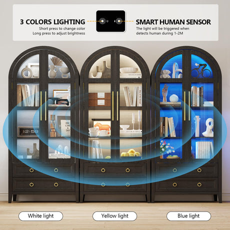 EOAWE Arched Curio Cabinet with Glass Doors, 4-Tier Display Cabinet with 2 Drawers, Tall Bookcase with 3 Color Lights, Display Case, Kitchen Pantry (Black) EOAWE