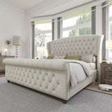 AMERLIFE King Size Platform Bed Frame, Chenille Upholstered Sleigh Bed with Scroll Wingback Headboard & Footboard/Button Tufted/No Box Spring Required/Cream AMERLIFE