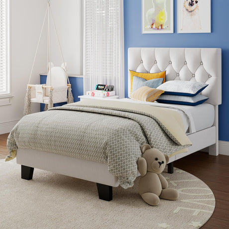 Einhomn Twin Upholstered Bed Frame with Headboard, Button Tufted Linen Bed Base, Platform Bed with Wood Slat, Heavy Duty, Easy Assembly, No Box Spring Needed, White Einhomn