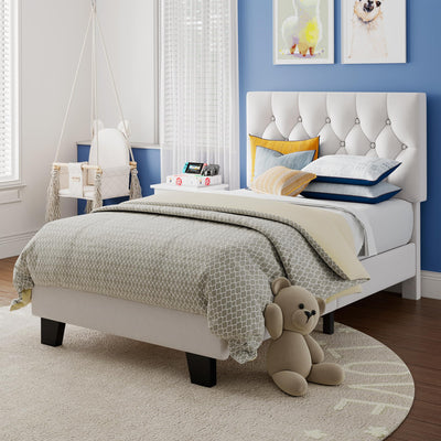 Einhomn Twin Upholstered Bed Frame with Headboard, Button Tufted Linen Bed Base, Platform Bed with Wood Slat, Heavy Duty, Easy Assembly, No Box Spring Needed, White