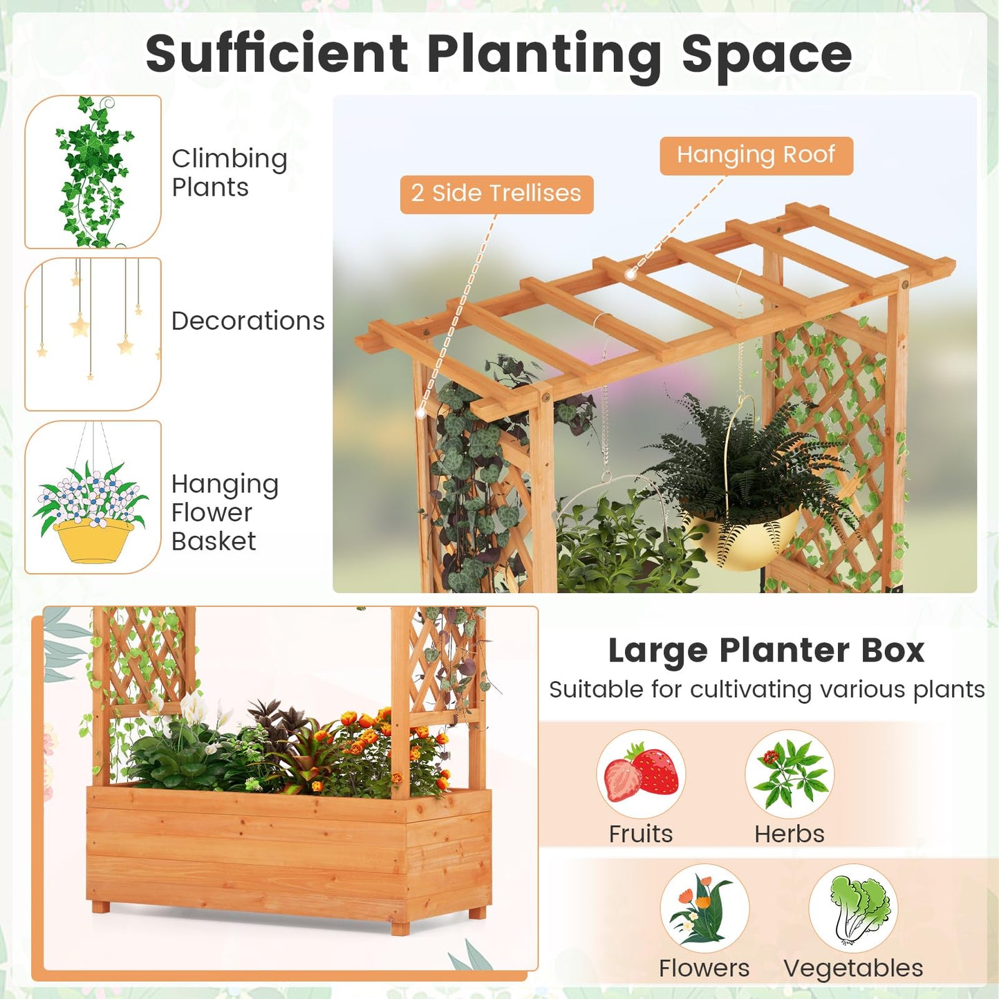 LDAILY Moccha Raised Garden Bed with Trellis, Wood Garden Planter with Hanging Roof, Drainage Holes, Freestanding Elevated Planter Box for Climbing Plants, Vines, Flowers, 43.5" x 17.5" x 72" - WoodArtSupply