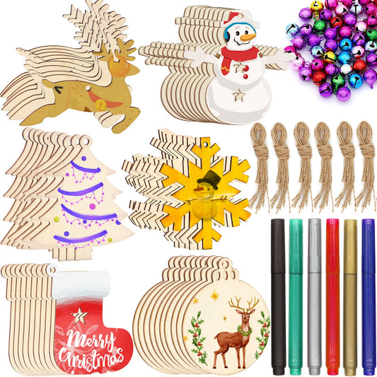 ZALALOVA Unfinished Christmas Wooden Ornaments, 166Pcs MSDS Approved Christmas Tree Ornaments 6 Styles Crafts Kit 33.6 Ft Jute Twine 50 Colorful Bells 6 Color Pens Christmas Crafts for Kids