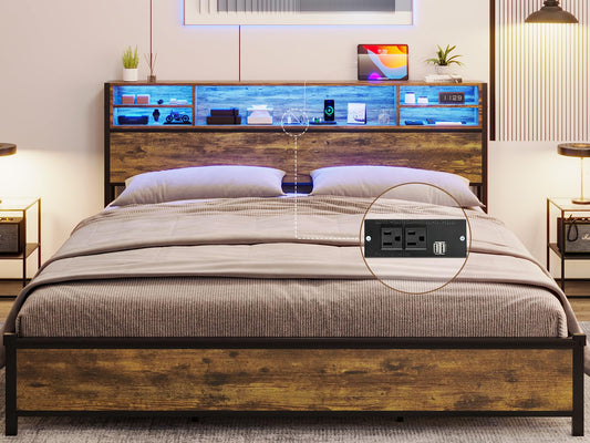 BTHFST Industrial King Size LED Bed Frame with Storage Headboard, USB Charging Ports & Upgraded Support Bars - WoodArtSupply