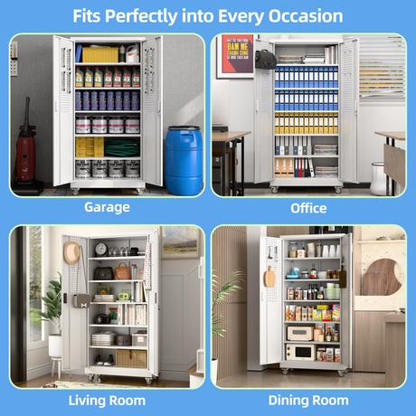 Aobabo Upgrade 71H''*32''W*16''D Metal Garage Storage Cabinet with Wheels and Pegboards, 5 Adjustable Shelves Steel Storage Cabinets for Home,Warehouse,Garage,Assembly Required,White Aobabo