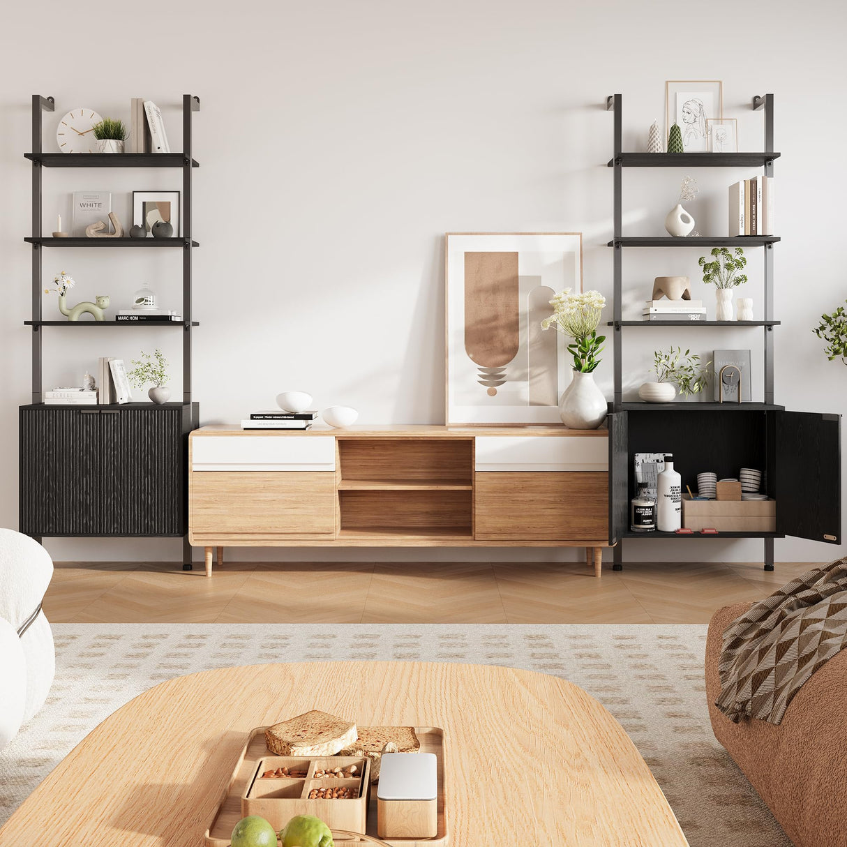 INNOD 74" Tall Bookshelf with Storage Cabinet, Modern Ladder Shelf with Wood and Metal Frame, Wall Mount Bookcase Open Display Shelf Furniture for Living Room, Bedroom, Home Office，Black INNOD