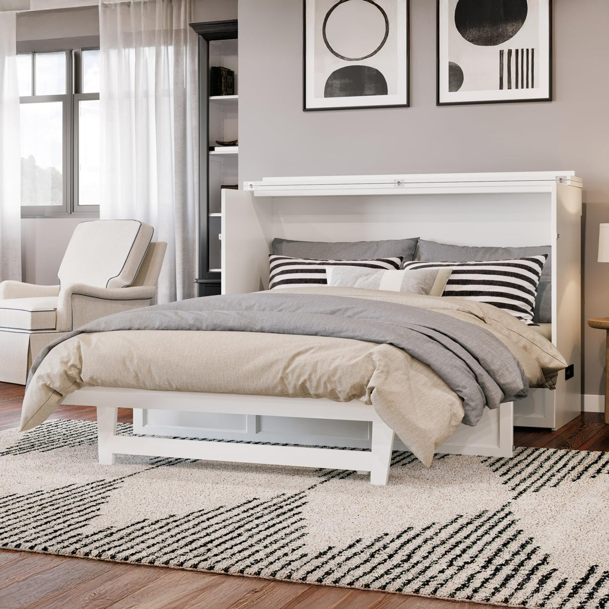 AFI, Northfield Queen Murphy Bed Chest with Mattress, Storage Drawer and Built-in USB Charger, White AFI