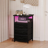 Fixwal Night Stand with Charging Station, LED Nightstand with Fabric Drawers, End Table with PU Finish, Bed Side Table, Black Oak Fixwal