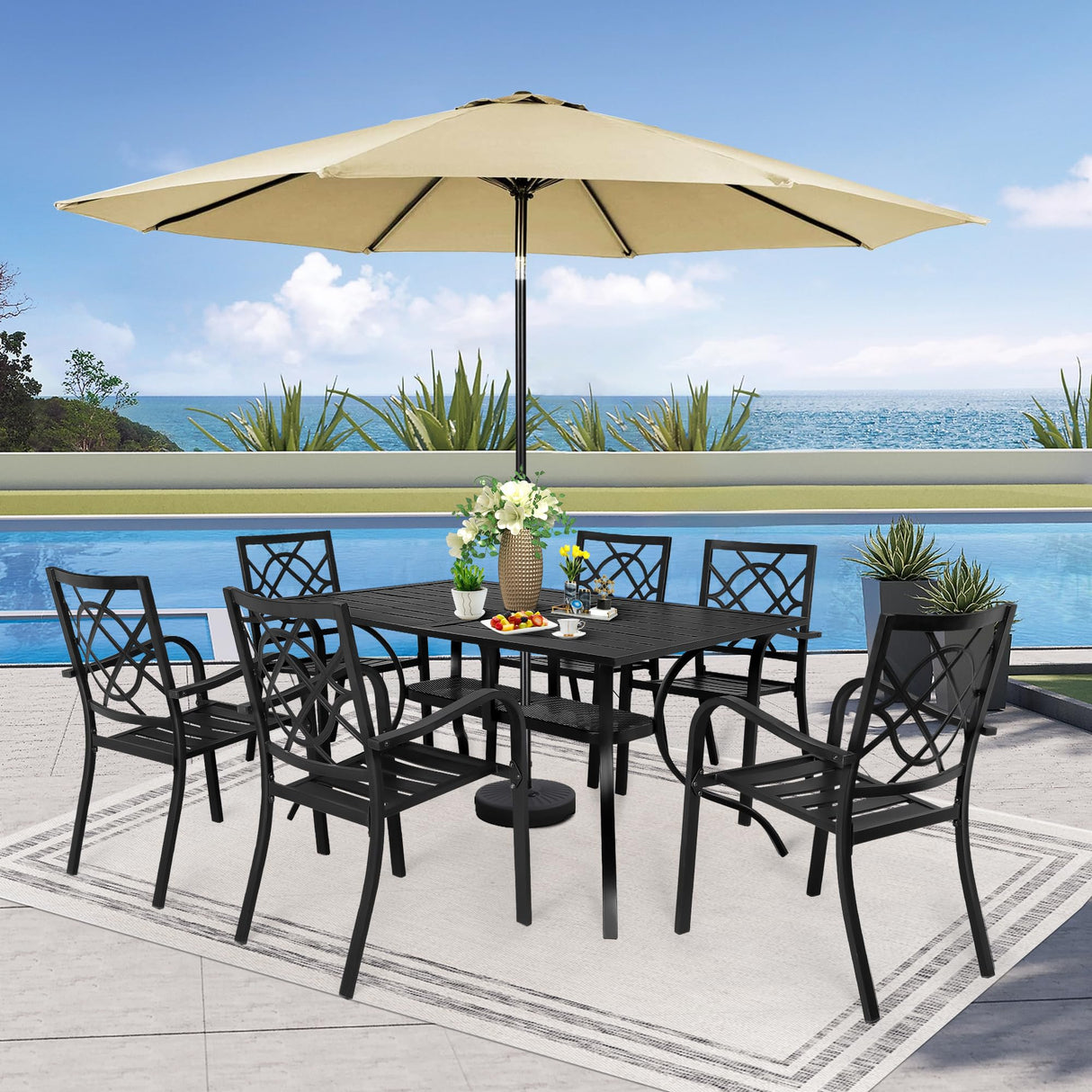 SUNCROWN 7-Piece Outdoor Wrought Iron Chairs and Table Patio Dining Furniture Set - 6 Stackable Metal Chairs, 1 Steel Slat Bistro Table and 1 Brown 9Ft Patio Umbrella for Garden Backyard Deck SUNCROWN