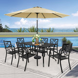 SUNCROWN 7-Piece Outdoor Wrought Iron Chairs and Table Patio Dining Furniture Set - 6 Stackable Metal Chairs, 1 Steel Slat Bistro Table and 1 Brown 9Ft Patio Umbrella for Garden Backyard Deck SUNCROWN