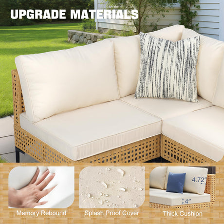 ABCASA Patio Furniture Set, 5-Piece Wicker Outdoor Patio Furniture Sets with Coffee Table,Boho Patio Conversation Set Sectional Sofa with All-Weather Cushions for Backyard,Porch,Beige ABCASA