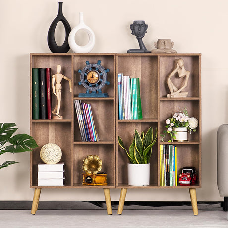 5 Cube Small Bookshelf,3 Tier Mid-Century Modern Bookcase with Legs,Wood Kids Bookshelves Storage Organizer Shelf,Free Standing Narrow Book Shelves,Oak Grey Corner Bookcases for Bedroom,Living Room LEYAOYAO