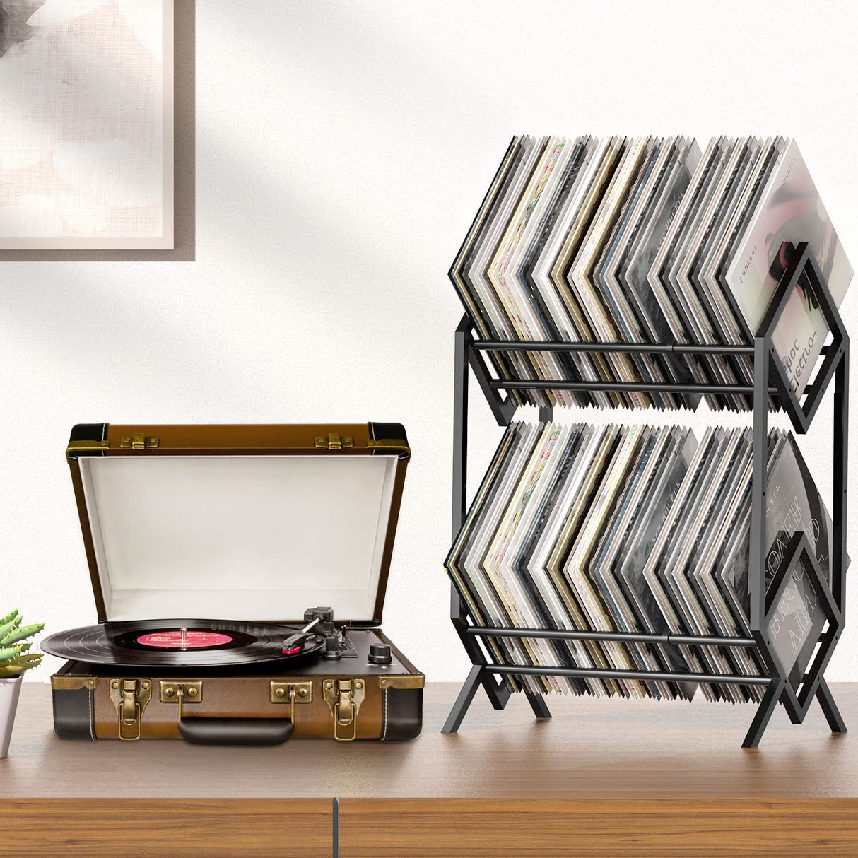 RUILALIFE 2-Tier-Vinyl-Record-Storage-Holder With Dividers, 200 LPs Albums Storage Rack Shelf, Steel Music Records Display Shelf Organizer For Book, Magazine, Files,Matte Black RUILALIFE