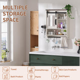 Bathroom Storage Cabinet with Mirror, Wood Farmhouse Medicine Cabinet with Adjustable Shelf, Hanging Bar S-Hooks Hair Dryer Holder, Wall Mounted Cabinet for Laundry Room Kitchen Living Room, White Cakhdry