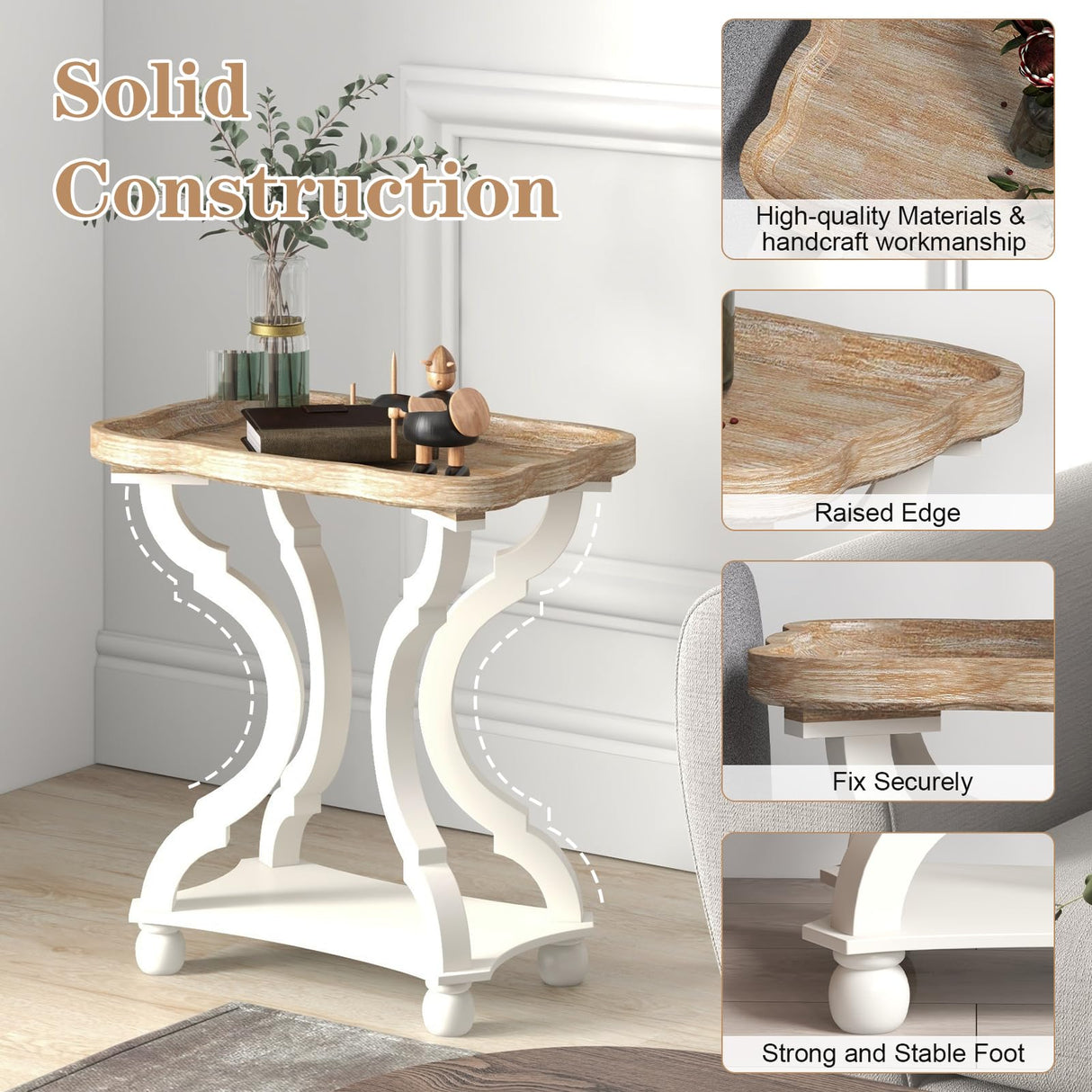 Kinfant Set of 2 Farmhouse Accent End Table with Natural Tray, Solid Wood Frame Rustic Side Table with Shelf, Nightstand for Dinning, Living Room, Bedroom Kinfant