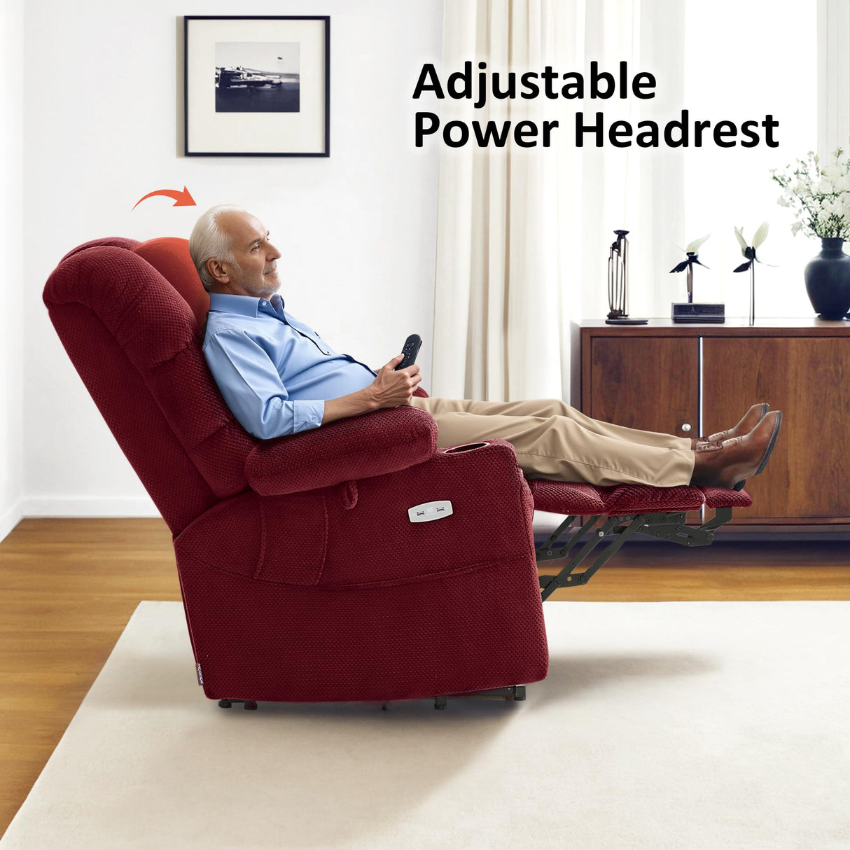 MCombo Large Triple Motor Power Lift Recliner Chair with Massage and Dual Heating, Adjustable Headrest for Tall Elderly People, Fabric 7634 (Burgundy, Large) MCombo
