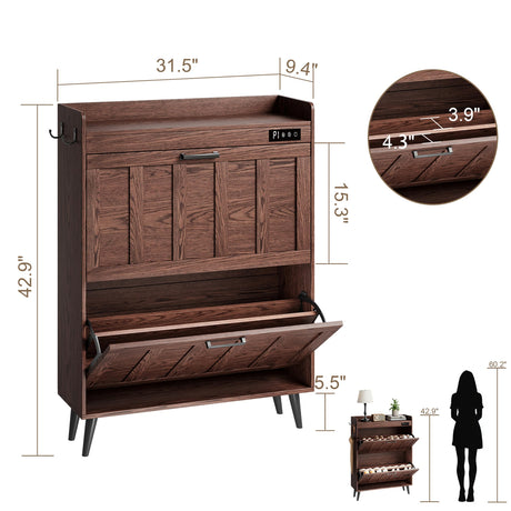 ChooChoo Shoe Storage Cabinet with 2 Flip Drawers, Deodorizing Shoe Organizer Storage for Entryway, Freestanding Hidden Slim Narrow Shoe Rack Cabinet, Walnut ChooChoo