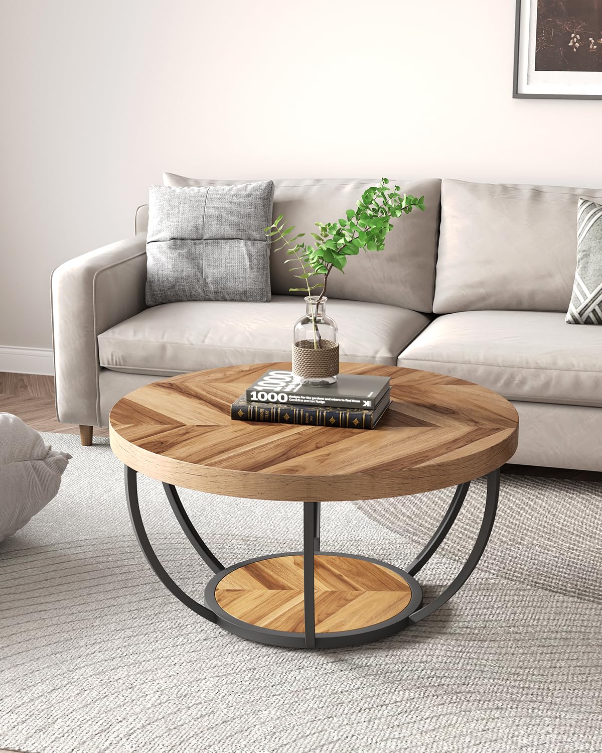 LITTLE TREE Round Coffee Table, 32" Circle Coffee Table for Living Room, 2-Tier Wood Accent Center Table with Open Storage Industrial Design Home Furniture (Wood Grain and Black) LITTLE TREE