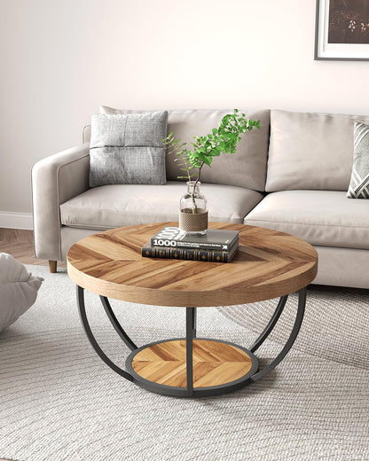 LITTLE TREE Round Coffee Table, 32" Circle Coffee Table for Living Room, 2-Tier Wood Accent Center Table with Open Storage Industrial Design Home Furniture (Wood Grain and Black) - WoodArtSupply