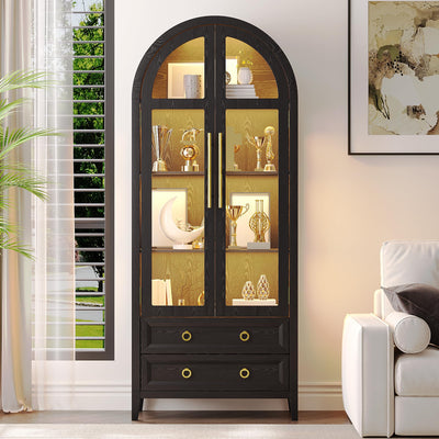 EOAWE Arched Curio Cabinet with Glass Doors, 4-Tier Display Cabinet with 2 Drawers, Tall Bookcase with 3 Color Lights, Display Case, Kitchen Pantry (Black)