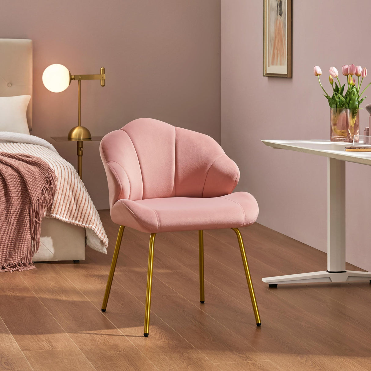 Yaheetech Velvet Accent Chair, Cute Vanity Chair with Shell-Shaped Backrest, Modern Armchair Side Chair with Golden Legs for Living Room/Bedroom/Home Office/Makeup, Pink Yaheetech