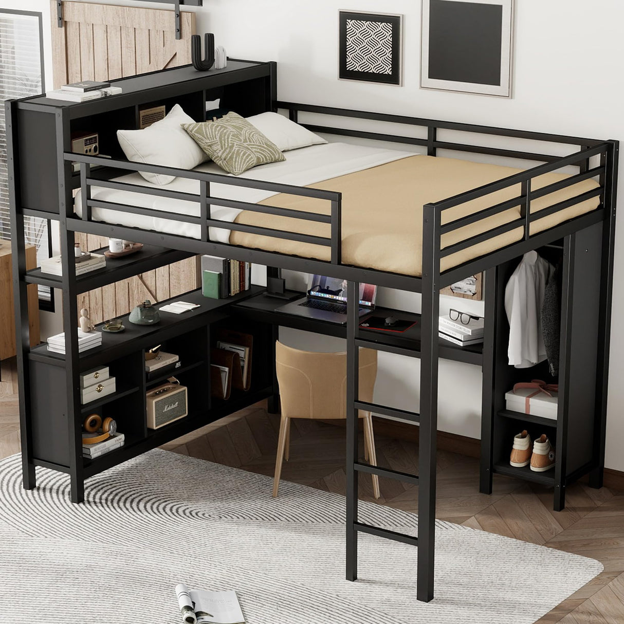 Queen Loft Bed with Wardrobe and Storage Cubes, Queen Size Loft Bed with Desk and Storage Shelf, Metal Loft Bed with Guardrail, Queen Size Loft Bed for Adults, Teens, Kids(Black Queen) Bellemave