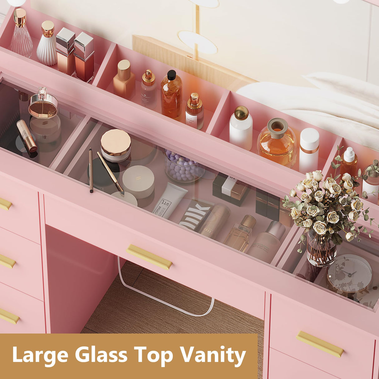 Makeup Vanity Desk with RGB LED Lights,Glass Top Vanity Desk with Mirror and Lights & Charging Station, 5 Drawers Vanity Mirror with Lights Desk and Chair for Women 3 Lightings Mode Adjusted, Pink HUANLEGO