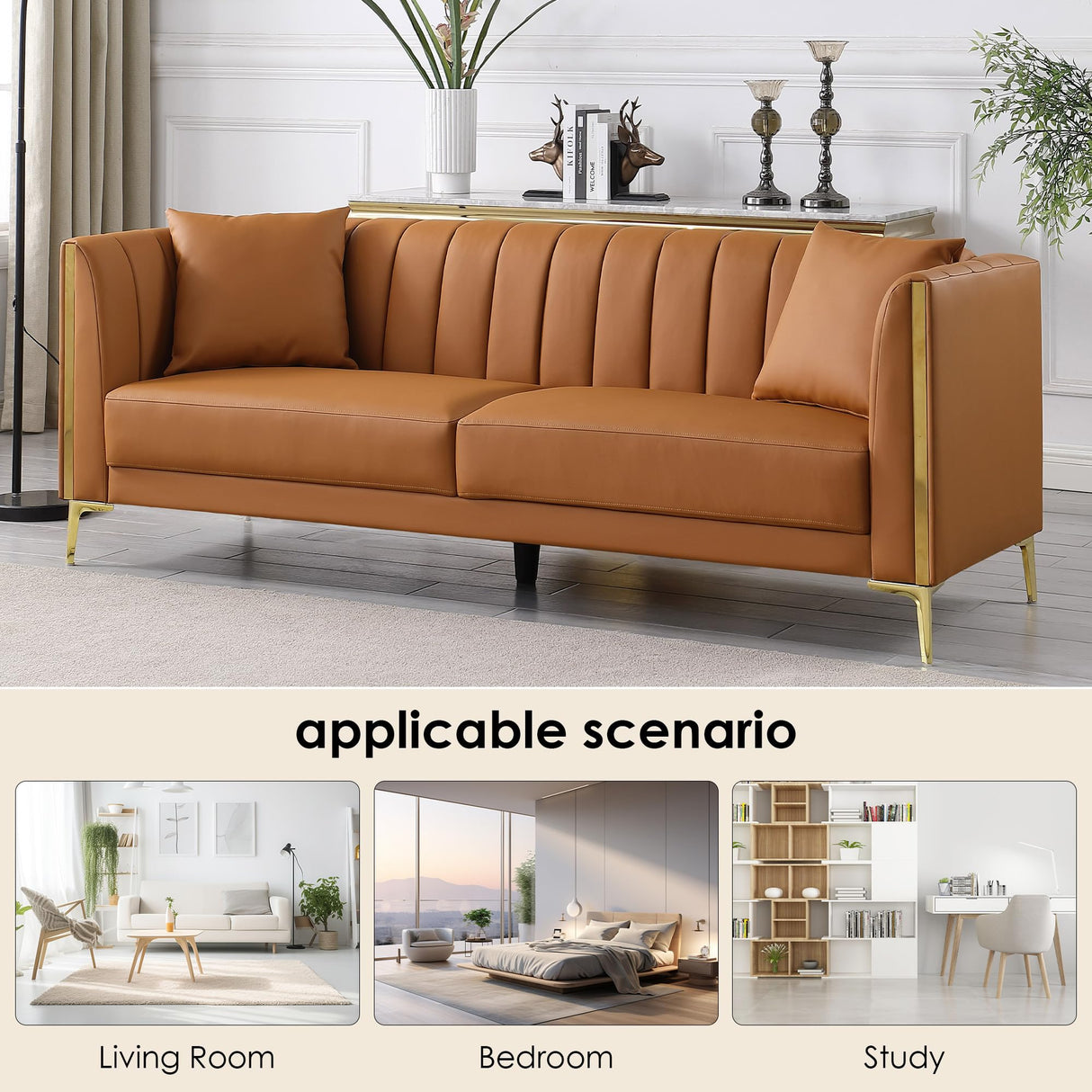 FOTOSOK 78'' Sofa, Modern Leather Couches for Living Room, Comfy, Faux Leather Sofa 3 Seater Sofa with 2 Throw Pillows and Gold Metal Legs, Deep Seat Sofas (Brown) FOTOSOK