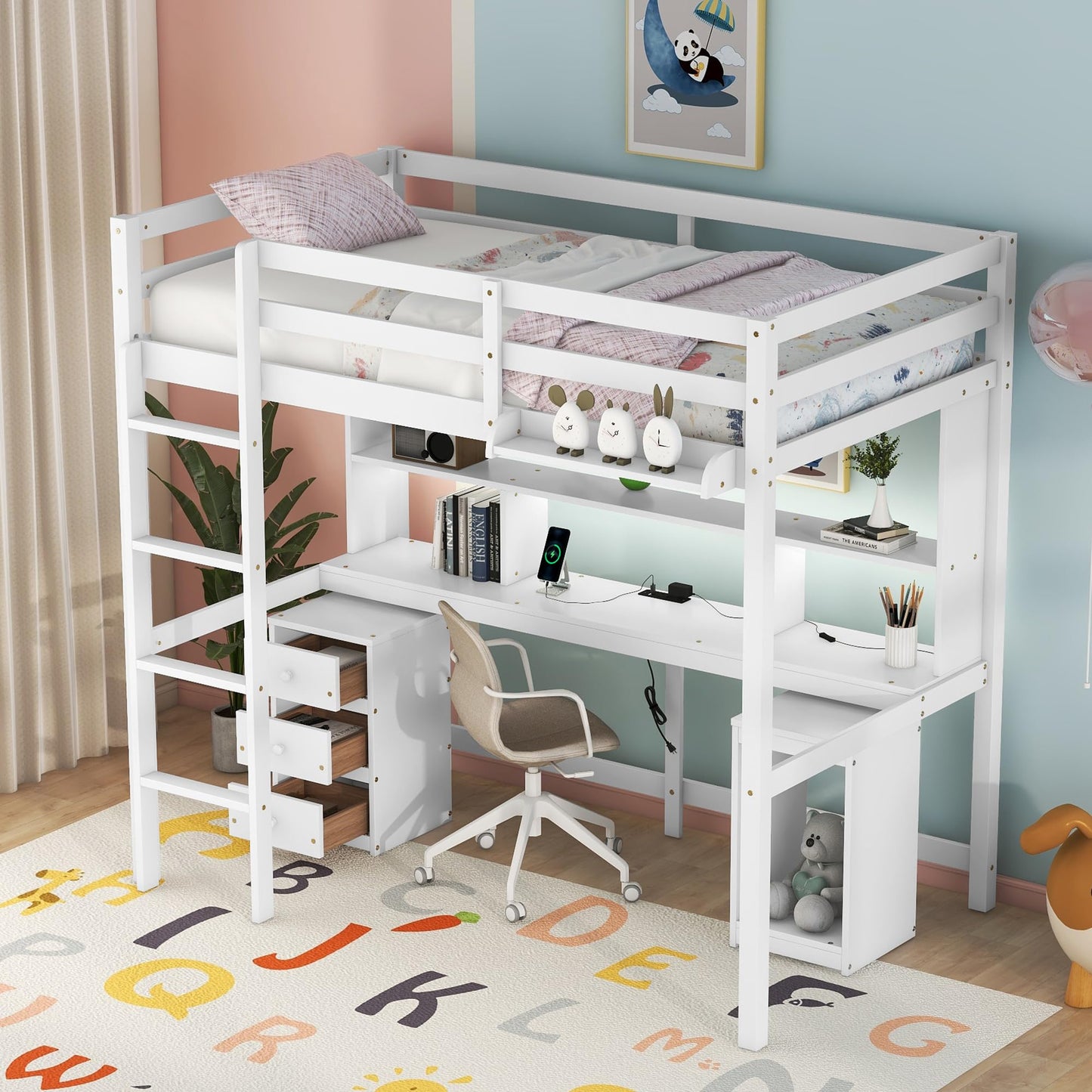 CITYLIGHT Multifunctional Twin Loft Bed with Desk, Storage and Charging Station in White - WoodArtSupply