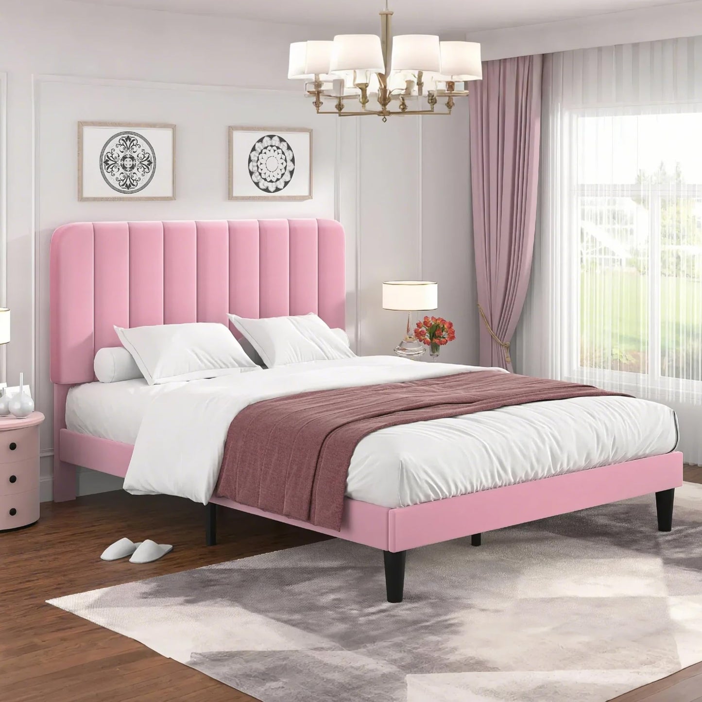 VECELO Queen Size Bed Frame with Upholstered Headboard, Velvet Platform Bedframe Mattress Foundation, Strong Wood Slat Support, No Box Spring Needed, Pink