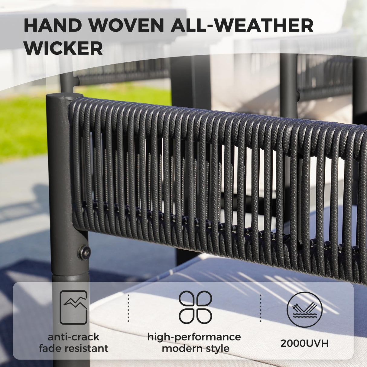 Grand patio Outdoor Dining Set for 6, 7 PCS Patio Table and Chairs Set, Metal Woven Wicker Fixed Patio Chairs with Thickened Cushions & 1 Rectangular Woodgrain Dining Table with Umbrella Hole (Black) Grand patio