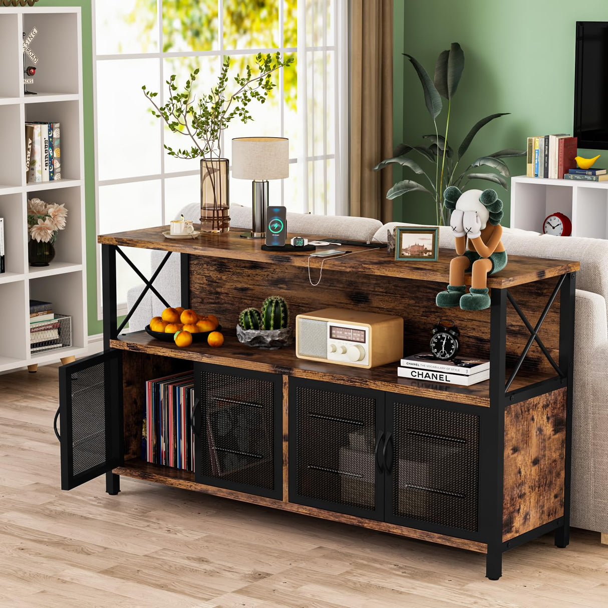 AWQM Retro Sideboard Buffet Cabinet with Power Outlet & USB Port, Industrial Wood Farmhouse Coffee Bar Cabinet with Storage, Console Table for Kitchen, Dining Room, Living Room, Hallway, or Entrance AWQM