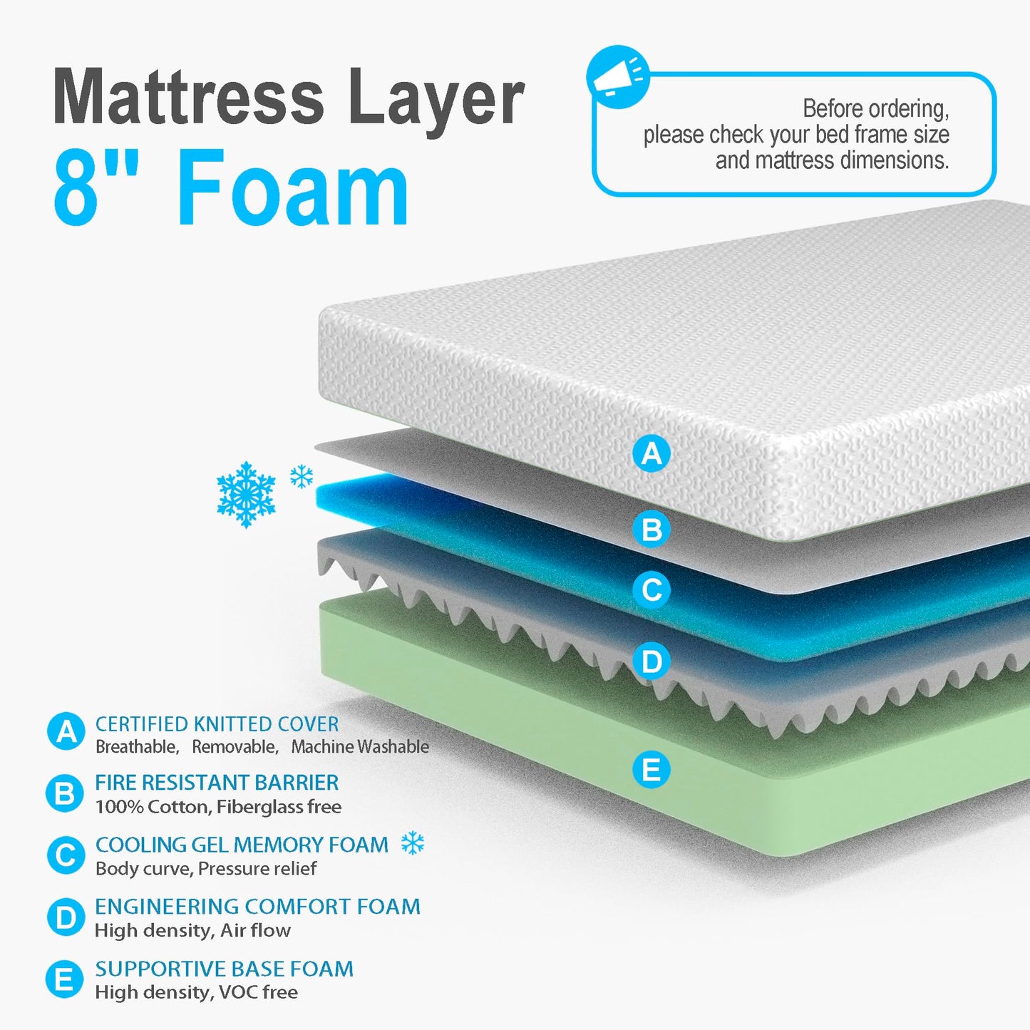 Planet Sleepings 8 Inch California King Memory Foam Mattress, Gel Foam Mattress with Breathable Cover, Bed in a Box CertiPUR-US Certified, Covered Mattress