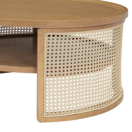 GDFStudio 31.5" Modern Round Coffee Table, 2-Tier Natural Wood Coffee Tables with Rattan Storage Base, Curved Edge Design Boho Center Table for Living Room Bedroom Office Cafe, Natural GDFStudio