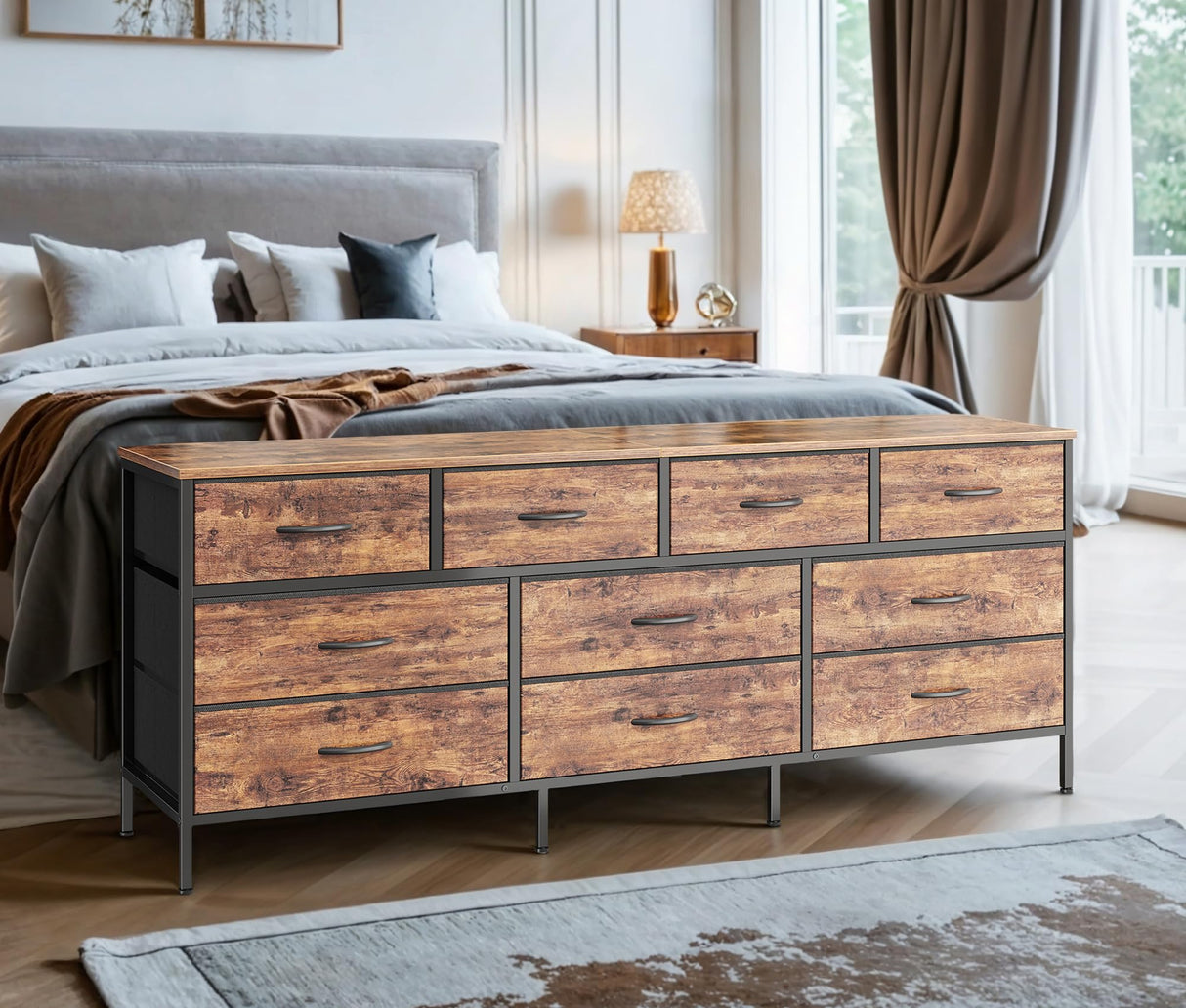 Huuger 63 Inch TV Stand Dresser for Bedroom, Long Dresser with 10 Fabric Drawers, TV Stand for 55, 65, 70 Inch TV, Entertainment Center, Wide Chest of Drawer, Rustic Brown Huuger