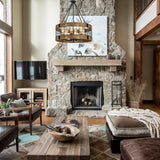 6-Light Farmhouse Wood Chandelier for Dining Room, Rustic Foyer Light Fixtures, Industrial Drum Hanging Lights for Kitchen Island Entryway, Nature Wood Texture and Black Metal Finish WOAEKR