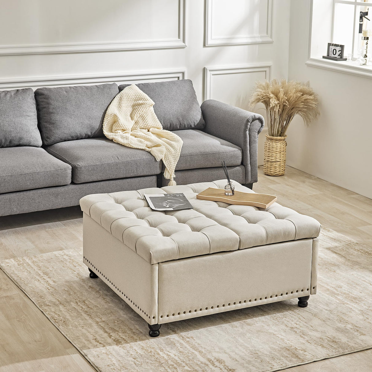 Redlife 35 Inch Large Square Storage Ottoman Bench, Storage Ottoman Coffee Table Large Square Ottoman with Storage Lift Top Tufted Storage Ottoman for Living Room (Beige) Redlifeᅟᅠ