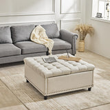 Redlife 35 Inch Large Square Storage Ottoman Bench, Storage Ottoman Coffee Table Large Square Ottoman with Storage Lift Top Tufted Storage Ottoman for Living Room (Beige) Redlifeᅟᅠ