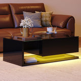 holzart Modern High Gloss Coffee Table with LED Lights & Storage, Black 2-Tier Rectangular Table with Tempered Glass Top and Drawer, Center Table for Living Room, Gaming & Movie Night holzart