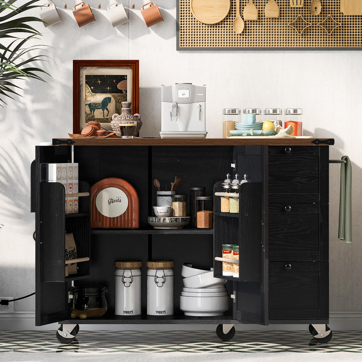 Farmhouse Kitchen Island with Power Outlet, Drop Leaf, Spice Rack and Drawer,Rolling Kitchen Cart on Wheels,Kitchen Storage Island for Home Dining Room (Black/p2) CKLMMC