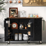 Farmhouse Kitchen Island with Power Outlet, Drop Leaf, Spice Rack and Drawer,Rolling Kitchen Cart on Wheels,Kitchen Storage Island for Home Dining Room (Black/p2) CKLMMC