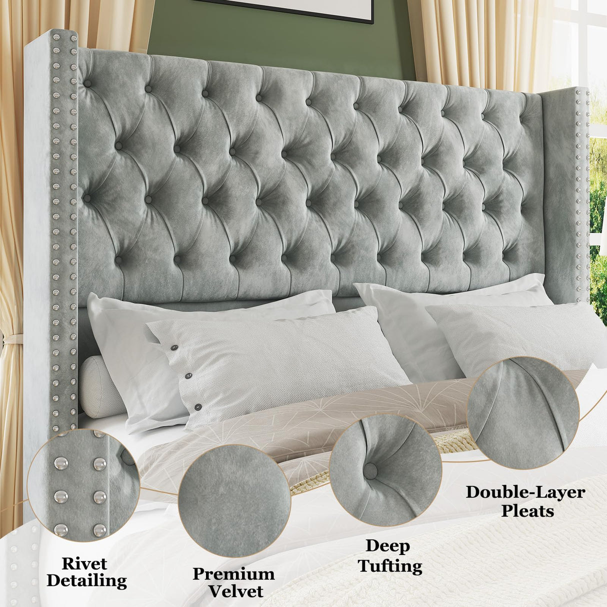 Jocisland Queen Size Bed Frame with 51.6” Wingback Tufted Velvet Headboard, Modern Upholstered Platform Bed, No Box Spring Needed, Easy Assembly, Light Grey Jocisland