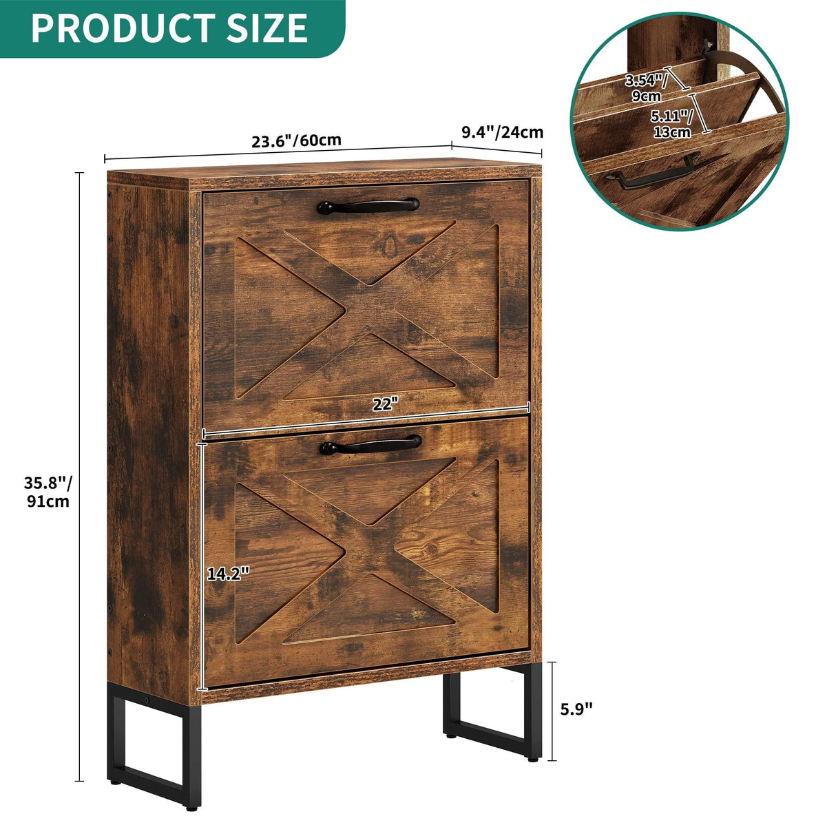 YITAHOME Shoe Storage Cabinet Entryway, 2 Flip Drawers Freestanding Organizer With Metal Legs, Narrow Storage Rack Cabinet, Rustic Brown YITAHOME