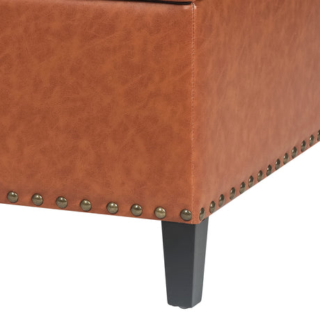 Homebeez Faux Leather Storage Ottoman Bench, Square Coffee Table Footstool Footrest with Wood Legs for Living Room (Cognac Brown) Homebeez