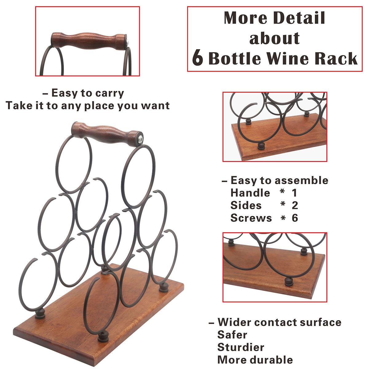ALLCENER Countertop Wine Rack, Tabletop 6 Bottles Wood Wine Holder, Sturdy Handle, 3-Tier Rustic Classic Design, Simple Assembly, Wood & Metal (Copper) ALLCENER