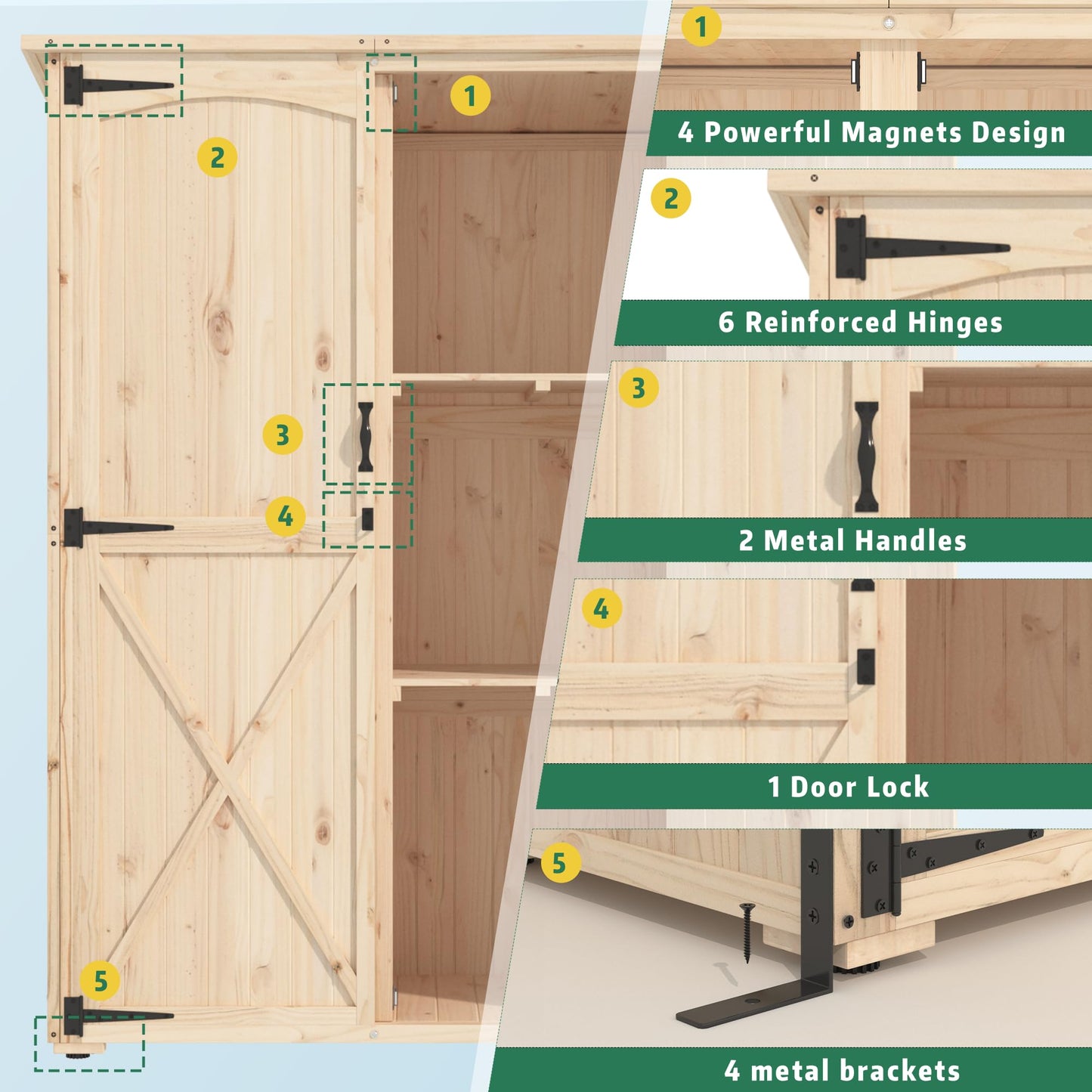 AECOJOY Outdoor Storage Shed with Waterproof Roof, Wooden Storage Cabinet Large Outdoor Shed Tool Shed with 2 Removable Shelves&Double Lockable Doors, Natural Wood