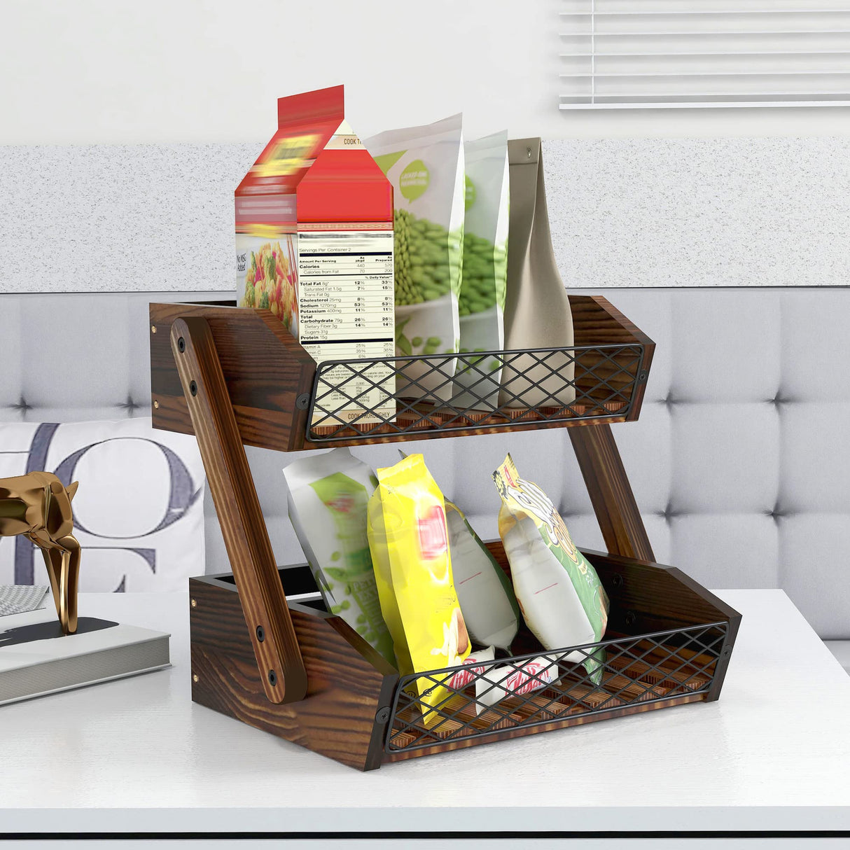 Dorhors Fruit Basket for Kitchen, 2 Tier Fruit Bowl,Kitchen Counter Organizer,Wooden Vegetable Holder for Countertop,Bread Storage Basket Stand Dorhors