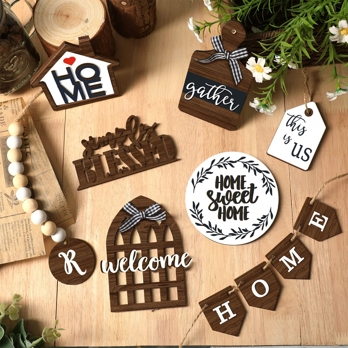 11 Pieces Farmhouse Tiered Tray Decor Home Wood Sign Rustic Home Sweet Home Simply Blessed Wooden Beads Tiered Tray Decorations Set for Home Kitchen Table Shelf (Farmhouse Style) Yalikop
